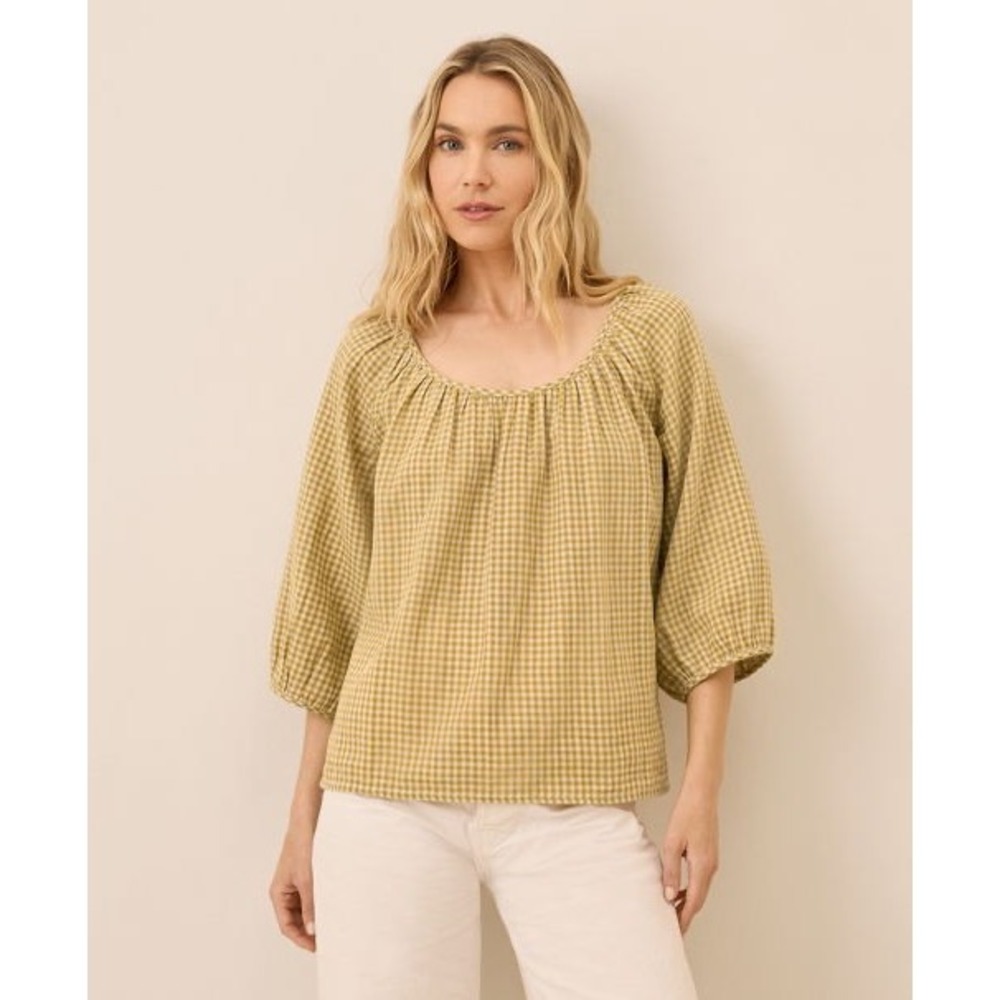 Pact Coastal Double Gauze Scoop Neck Top Women Medium Gold Gingham Cotton
